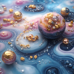 Aufkleber - Smooth waves of marble in shades of blue and pink are set off by golden figures drowned in shimmering sequins and crystals. The objects are neatly spaced to create a luxuriously expensive backdrop