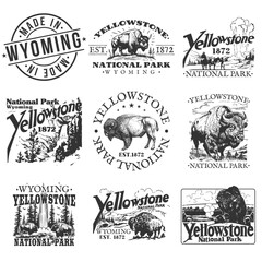 Wall Mural - Yellowstone National Park, WY, USA Illustration Clip Art Design Shape. Bison Animal Silhouette Icon Vector.	