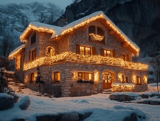 Wall Mural - The snow-covered house, decorated with bright garlands, creates an atmosphere of warmth and coziness in a cold winter evening. Ideal for creating New Year’s cards, posters, web design and other festiv