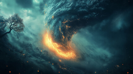 Wall Mural - tornado tsunami disaster natural phenomenon cataclysms storm destroys everything around
