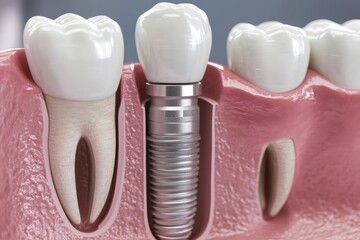 Aufkleber - Close-up view showcases a dental implant securely placed in the jawbone with an attached porcelain crown demonstrating advanced dental technology. Generative AI