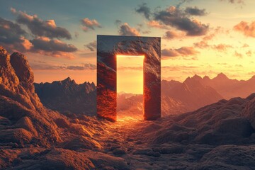 Wall Mural - A large, open door in the middle of a rocky, mountainous landscape
