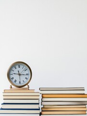 Poster - Different genres of books are organized in a neat stack next to a vintage clock, creating a minimalist and inviting study space. Generative AI