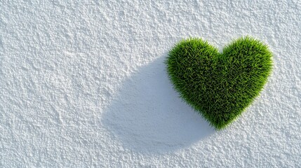 a heart-shaped patch of green grass on white sand, blending love for the planet and minimalism,