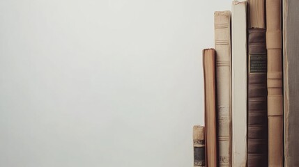 Poster - Various books from different genres are neatly lined up against a clean, white background, showcasing their unique spines and covers. Generative AI
