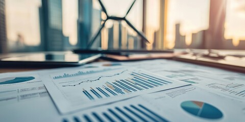 Poster - A close-up of a financial report showing the economic impact of technological advancements in sustainable energy and carbon footprint reduction.
