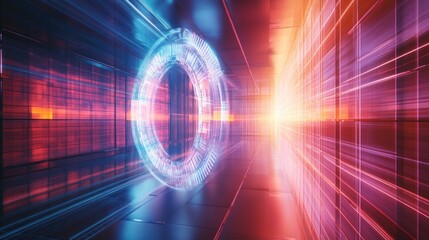 Poster - Futuristic Sci-Fi Portal with Neon Lights and Digital Tunnel Background