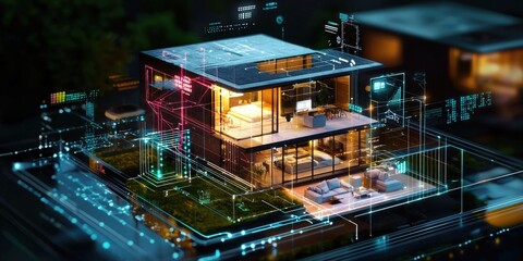 Poster - A conceptual diagram of a smart home, showcasing the impact of IoT (Internet of Things) and automation on daily life and business efficiency.