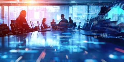 Poster - A corporate meeting room with people collaborating through digital screens and devices, symbolizing the impact of digital transformation on teamwork and innovation.