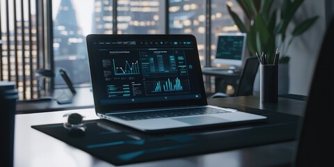 Fototapete - A virtual assistant on a laptop screen, displaying a business tool interface for managing finances and operations, set in a modern office.