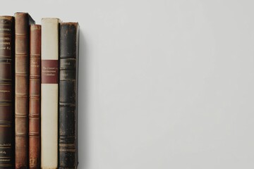 Poster - Books of various genres are neatly arranged in a line on a clean white background, showcasing their spines and covers. Generative AI