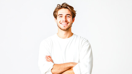 Wall Mural - Smiling young caucasian male in white shirt with crossed arms