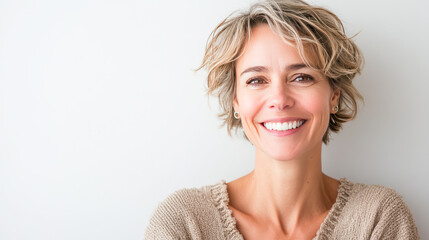 Wall Mural - Smiling caucasian mature female with short hair wearing casual sweater