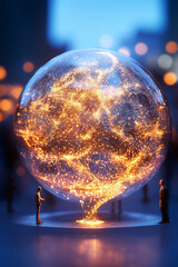 Poster - An abstract globe made of glowing patterns illustrates global connectivity in a lively setting filled with light