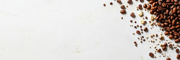 Leinwandbilder - Different coffee beans are spread out on a clean white background, leaving ample area on the right for additional text or design elements. Generative AI