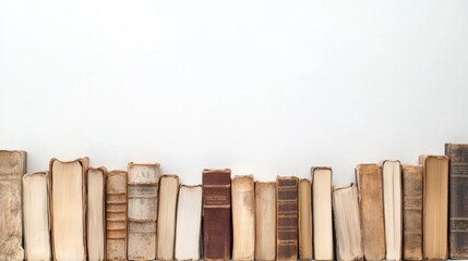 Poster - Vintage books of multiple genres are neatly lined up against a white background, creating a visually appealing arrangement for readers. Generative AI