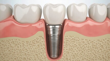 Aufkleber - Close-up view of a dental implant placed in a jawbone, featuring an attached porcelain crown designed for tooth restoration. Generative AI