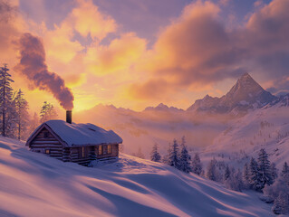 Wall Mural - Sunset over snow-covered cabin in alpine mountain landscape