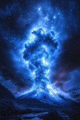 Wall Mural - A blue mountain with a volcano on top and a blue sky