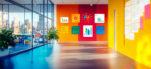 Poster - vibrant office space with data visualizations and city view for innovative work environment