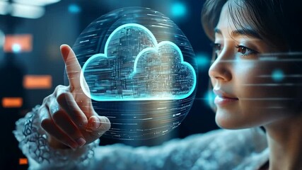 Poster - Woman finger touch cloud service hologram and files transfer, sync sign 4K Video