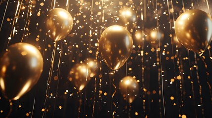 Poster - Festive dark backdrop with golden balloons curling r AI generated illustration