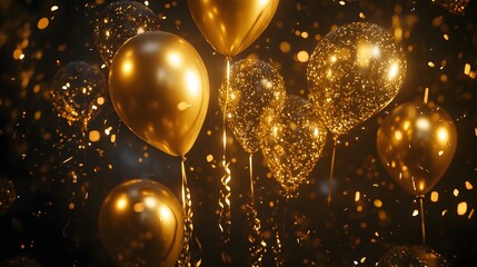 Poster - Festive dark backdrop with golden balloons curling r AI generated illustration