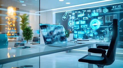 Poster - Futuristic smart office with touch screens holograms adaf AI generated illustration