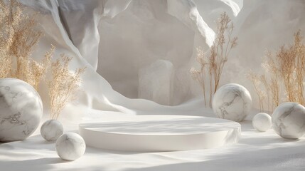 Poster - Futuristic white podium set against a sandy surreal AI generated illustration