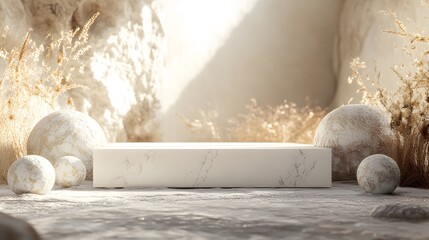Poster - Futuristic white podium set against a sandy surreal AI generated illustration