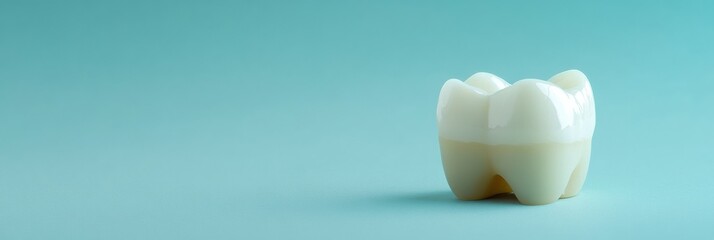 Poster - Close-up look at a dental implant featuring a porcelain crown, highlighting its structure and quality against a soft blue backdrop. Generative AI