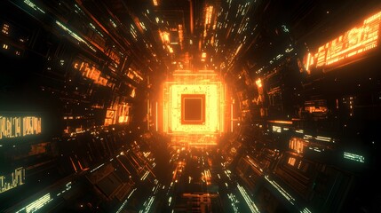 Poster - Glowing chip in the center of an expansive circuit b AI generated illustration