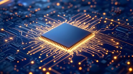 Poster - Glowing chip in the center of an expansive circuit b AI generated illustration