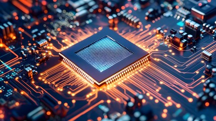 Poster - Glowing chip in the center of an expansive circuit b AI generated illustration