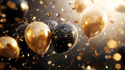 Poster - Golden and black balloons floating together surround acfb AI generated illustration