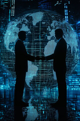 Poster - Two silhouettes engage in a handshake before a vibrant globe, symbolizing global partnership in a high-tech environment