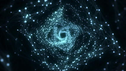 Leinwandbilder - Abstract 3d twisted portal. Square tunnel or wormhole. Digital background with connected green dots. 3d rendering.