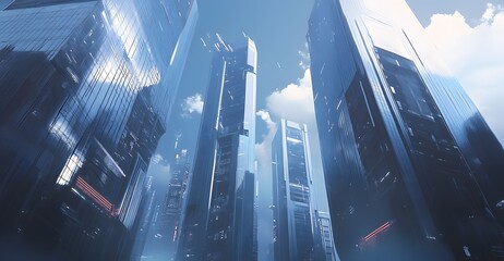 Poster - Low angle perspective of futuristic office towers em AI generated illustration