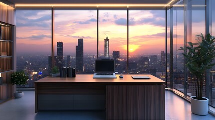 Poster - Luxury corner office with a wooden desk sleek laptop AI generated illustration