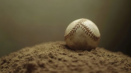 Fototapete - Minimal close up of a baseball resting on a dirt mou AI generated illustration