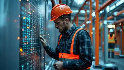 Poster - Worker interacts with digital display in modern industrial facility during daytime