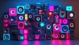 In a 3D illustration, speakers are shown against an old brick wall, bathed in muted light.