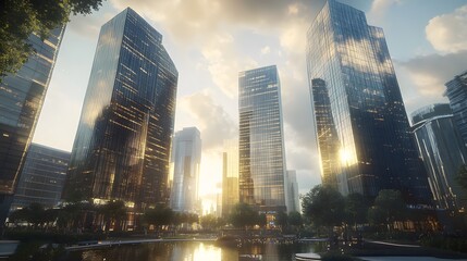 Poster - Modern business district skyline with glass clad sky AI generated illustration