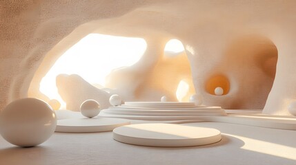 Poster - Modern conceptual space with white platforms and sph AI generated illustration