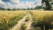 © Nathan - A winding dirt path through golden wheat fields under a bright blue sky with fluffy clouds.