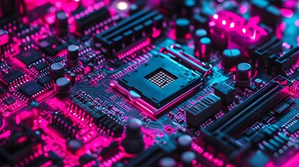 Poster - Moody cyberpunk motherboard with intricate glowing p AI generated illustration