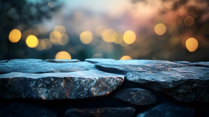 Poster - Realistic rocky platform with a blurred vibrant boke AI generated illustration