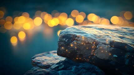 Poster - Realistic rocky platform with a blurred vibrant boke AI generated illustration