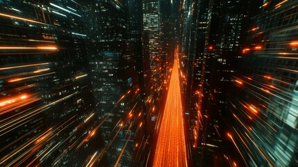 Sticker - A high-tech highway with vivid light trails speeding towards an urban skyline after dark.