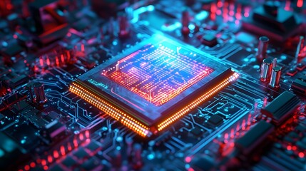 Poster - Sci fi processor unit surrounded by pulsating digita AI generated illustration